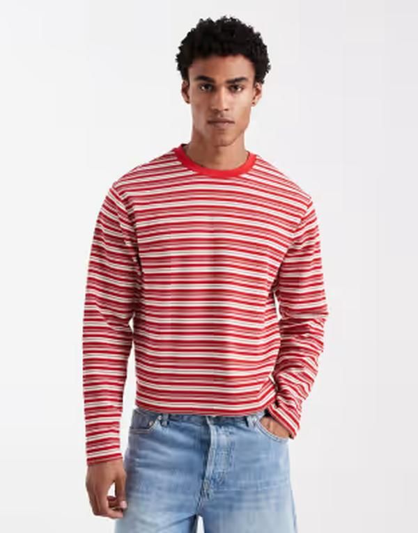 リクレイム ヴィンテージ メンズ トップス シャツ クロップド Reclaimed Vintage long sleeve cropped boxy tee stripe Red stripe レッド
