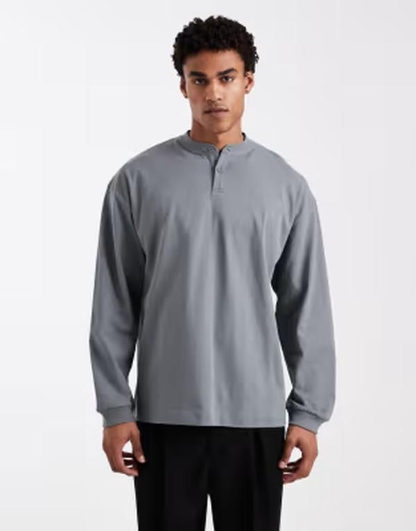 エイソス メンズ トップス Tシャツ ヘンリーネック ASOS DESIGN heavyweight oversized long sleeve Tshirt withenley neck in charcoal Sedona sage セージ