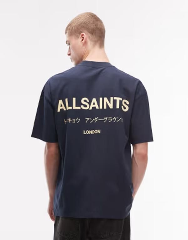 オールセインツ メンズ トップス Tシャツ プリント ロゴ AllSaints Underground logo tshirt with back printyellow Blueyellow ブルー