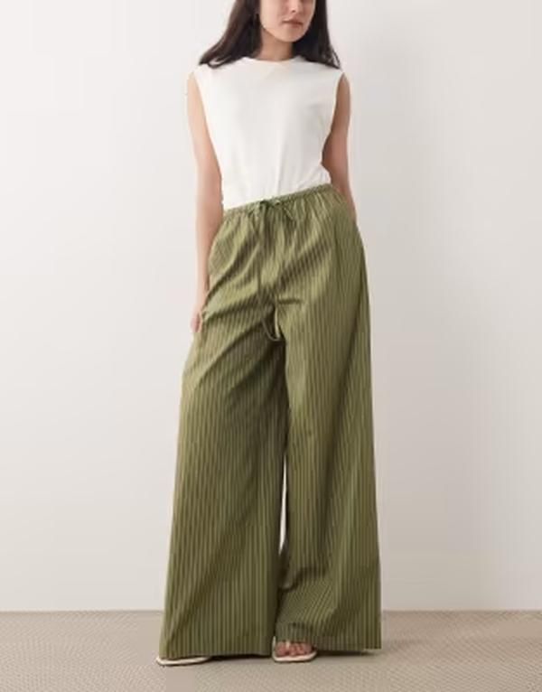 ウェンズデーガール レディース ボトムス カジュアルパンツ ワイドレッグ Wednesdays Girl wide leg pinstripe pants Khaki カーキ