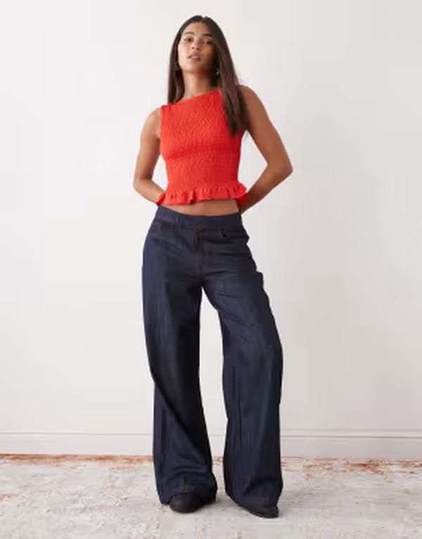 コルージョン レディース ボトムス デニムパンツ ワイドレッグ ジーンズ COLLUSION wide leg chambray denim jeans in rinse wash Rinse デニム