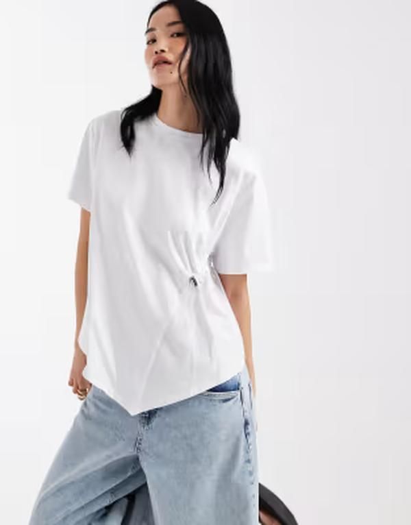 エイソス レディース トップス Tシャツ ギャザー ASOS DESIGN poplin hybrid short sleeve top with ruched toggle detail WHITE ホワイト