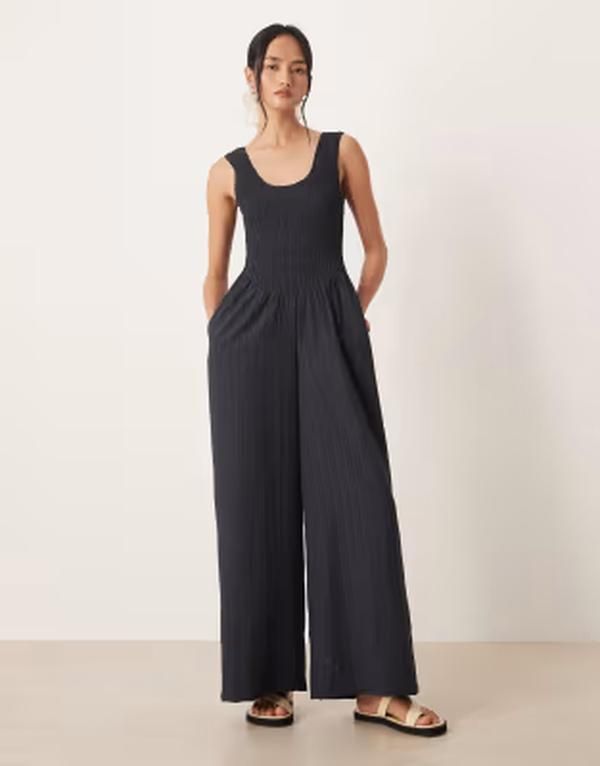 エイソス レディース トップス ジャンプスーツ ASOS DESIGN scoop neck crinkle jumpsuit Navy ネイビー