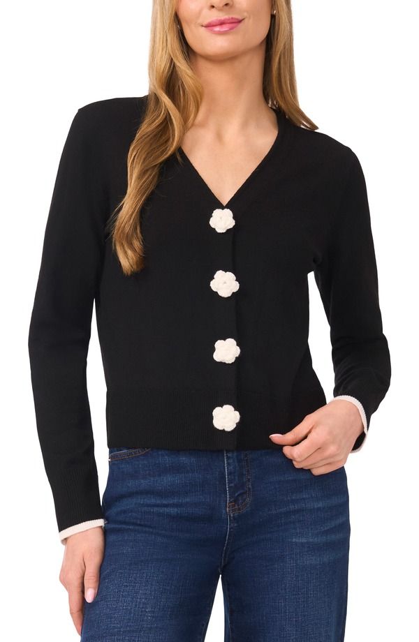 セセ レディース アウター パーカー・スウェット カーディガン CeCe Crochet Flower Accent Cardigan Rich Black ブラック