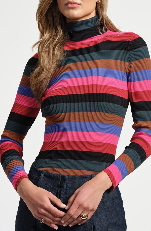 アイザック・ミズラヒ レディース アウター パーカー・スウェット タートルネック セーター Isaac Mizrahi New York Stripe Turtleneck Rib Sweater Multi Stripe マルチカラー