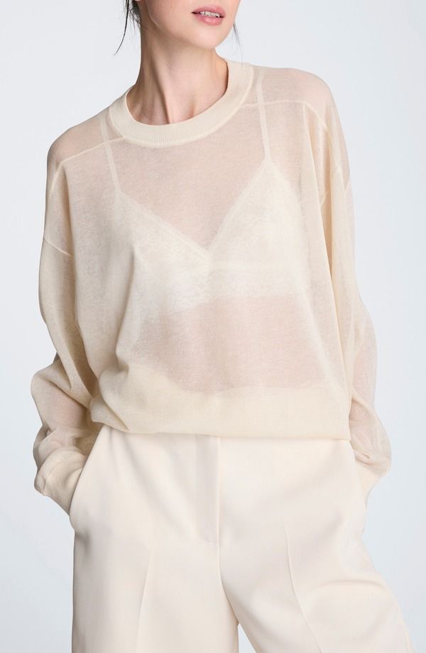 ケネスコール レディース アウター パーカー・スウェット クルーネック シャツ シアー Kenneth Cole Sheer Crewneck Sweatshirt Oyster