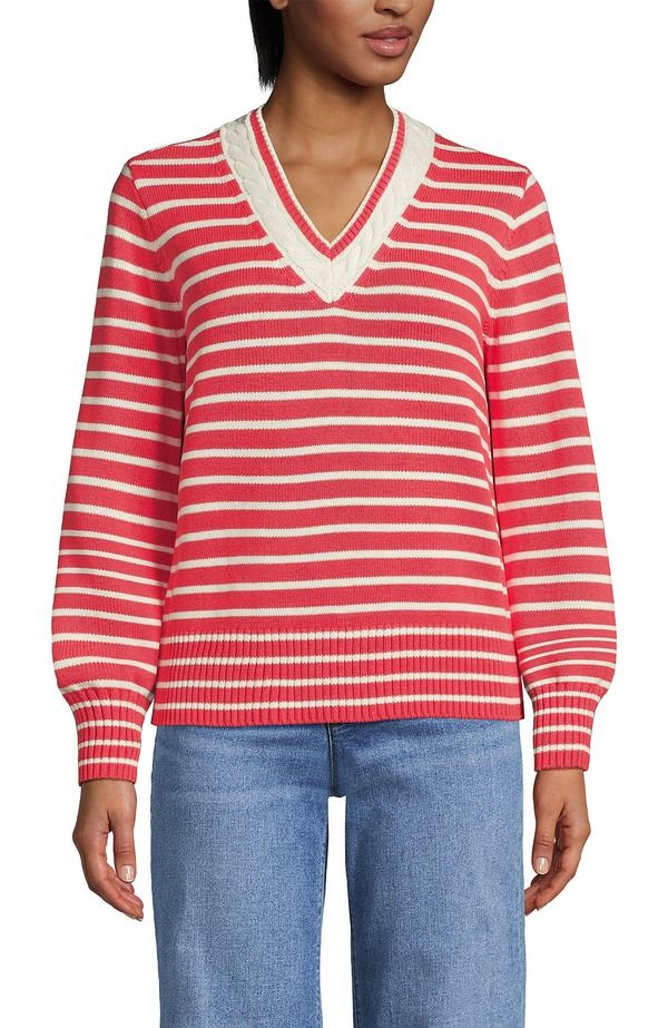 ランズエンド レディース アウター パーカー・スウェット Vネック セーター Lands Endrifter Set in Sleeve Vneck Sweater CoralIvory Mini Stripe アイボリー