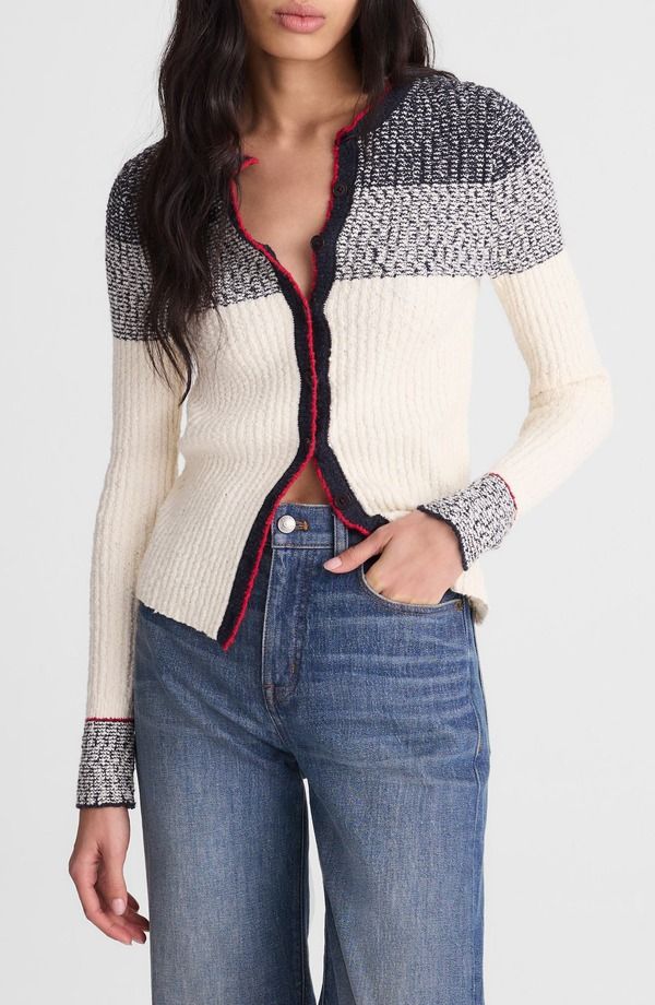 メイドウェル レディース アウター パーカー・スウェット カーディガン Madewell Stripe Boucl Cardigan Ivory And Navy Multi Stripe アイボリー