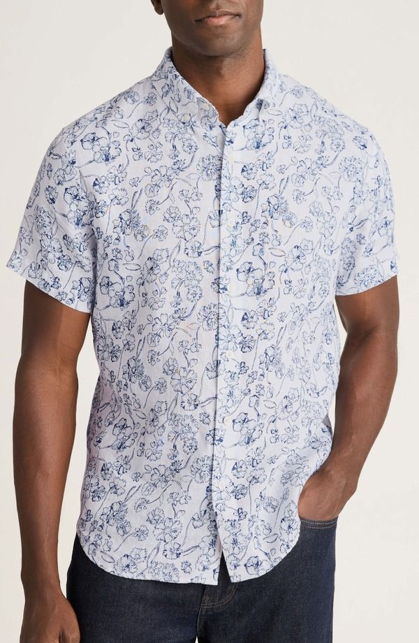 ボノボス メンズ トップス シャツ スリムフィット フラワー柄 ダウン リネン フラワー Bonobos Riviera Slim Fit Floral Short Sleeve Linen ButtonDown Shirt Shadow Floral
