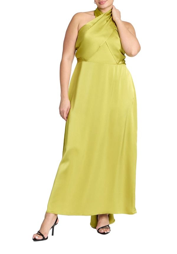 エロクイ レディース トップス ワンピース サテン マキシ ホルター ELOQUII Halter Neck Satin Maxi Dress Warm Olive オリーブ