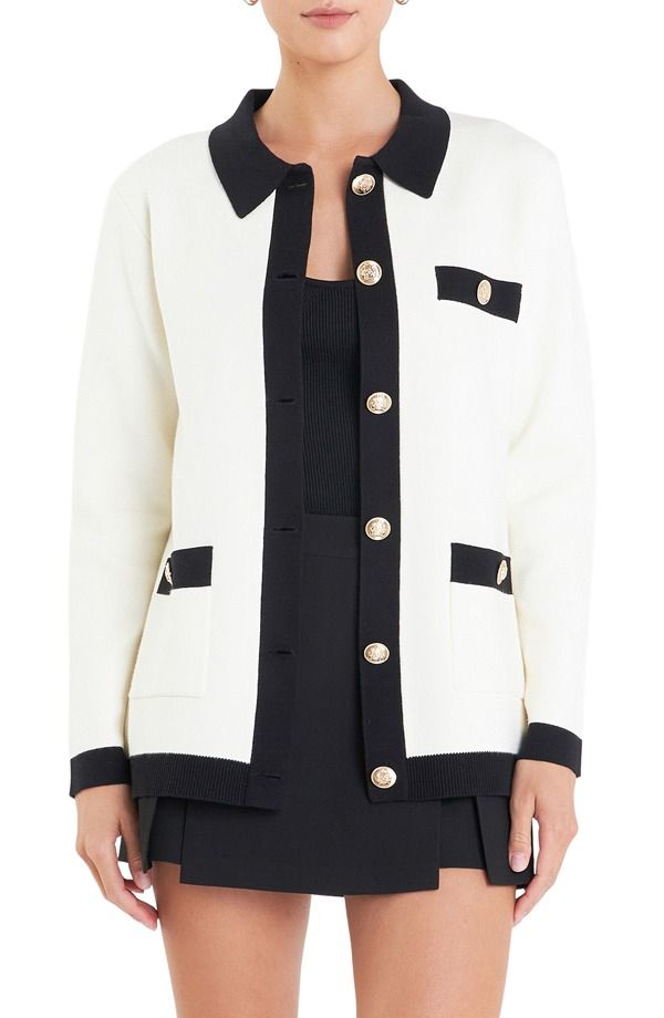 イングリッシュファクトリー レディース アウター パーカー・スウェット コントラスト カーディガン English Factory Contrast Edge Collared Cardigan White Black ホワイト