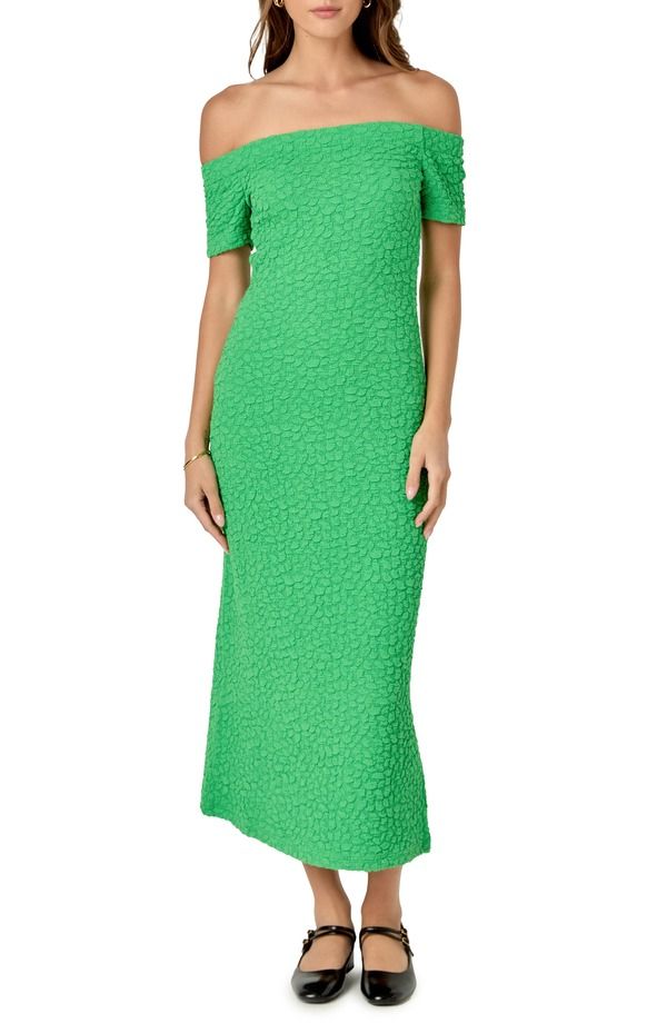 イングリッシュファクトリー レディース トップス ワンピース ミディ English Factory Textured Off the Shoulder Midi Dress Green グリーン
