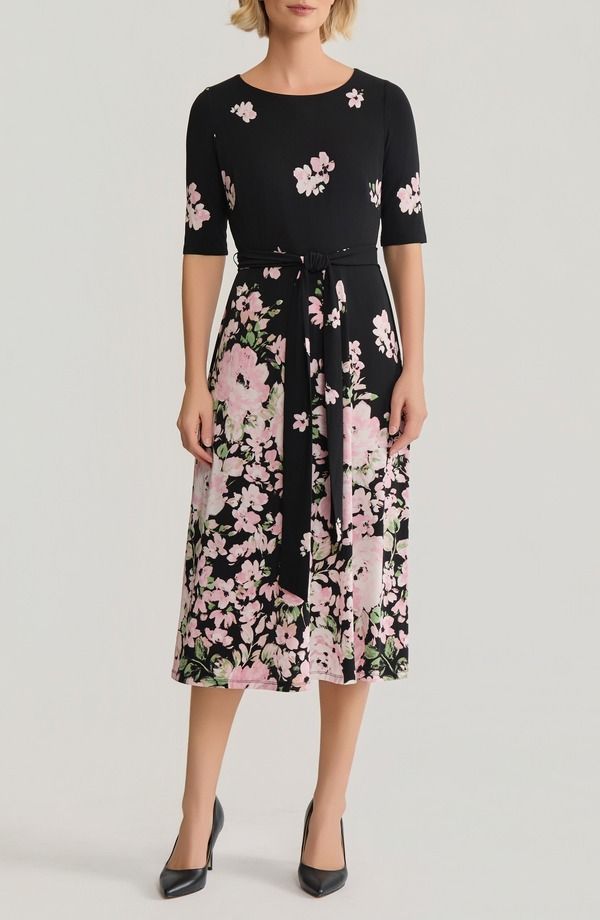 カスパール レディース トップス ワンピース A ライン フラワー柄 フラワー KASPER Floral Tie Belt ALine Dress Black Tutu Multi ブラック