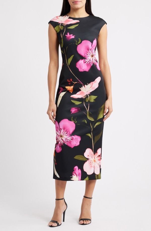 ヴィンスカムート レディース トップス ワンピース フラワー柄 ミディ キャップ フラワー Vince Camuto Floral Cap Sleeve Sheath Midi Dress Black ブラック