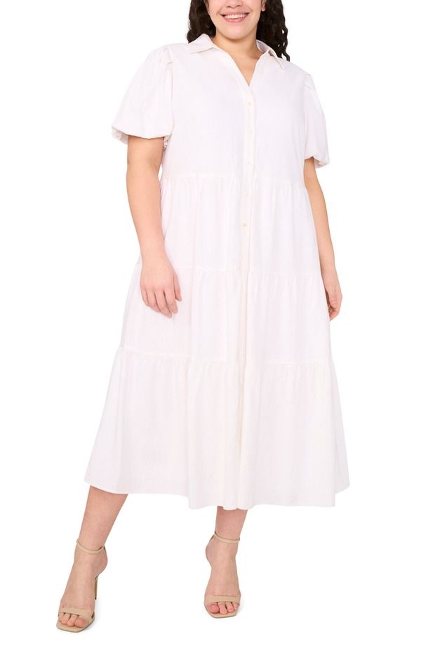 セセ レディース トップス ワンピース ティアード シャツ リネン マキシ CeCe Puff Sleeve Tiered Linen Blend Maxi Shirtdress Ultra White ホワイト