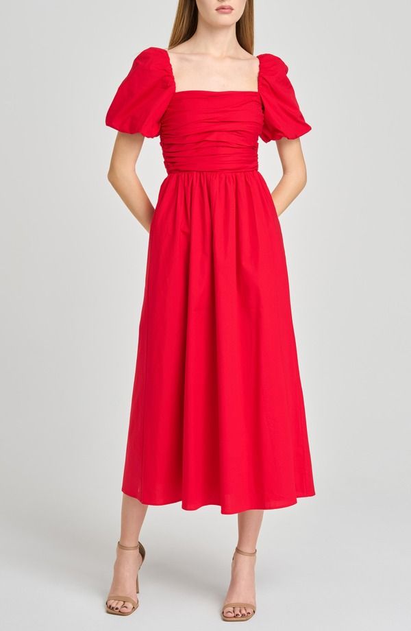 ワイフ レディース トップス ワンピース ギャザー ミディ WAYF Lucy Ruched Puff Sleeve Midi Dress Red レッド