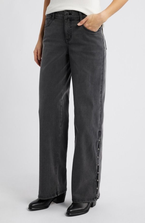 ウィットウィズダム レディース ボトムス デニムパンツ ワイドレッグ ハイウエスト ジーンズ Wit Wisdom Sam High Waist Faux Pearl Detail Wide Leg Jeans Black ブラック