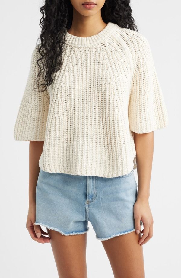 フリーピープル レディース アウター パーカー・スウェット セーター コットン Free People Amy Short Sleeve Cotton Sweater Whisper White ホワイト