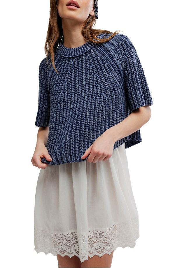 フリーピープル レディース アウター パーカー・スウェット セーター コットン Free People Amy Short Sleeve Cotton Sweater Navy Academy ネイビー