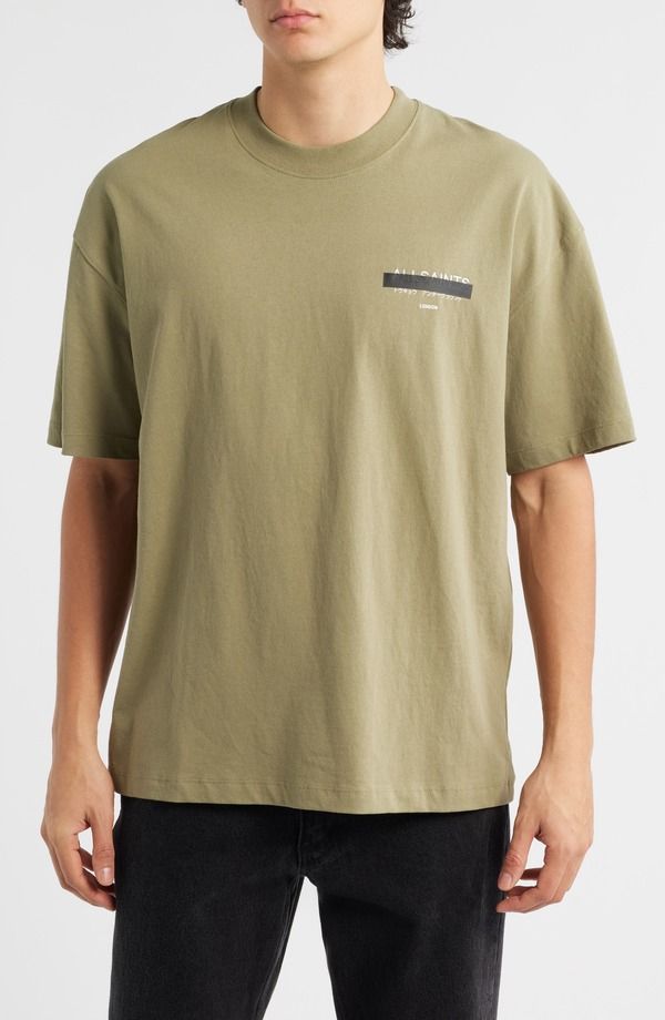 オールセインツ メンズ トップス Tシャツ モックネック グラフィック AllSaints Redact Mock Neck Graphic TShirt Meadow Green グリーン
