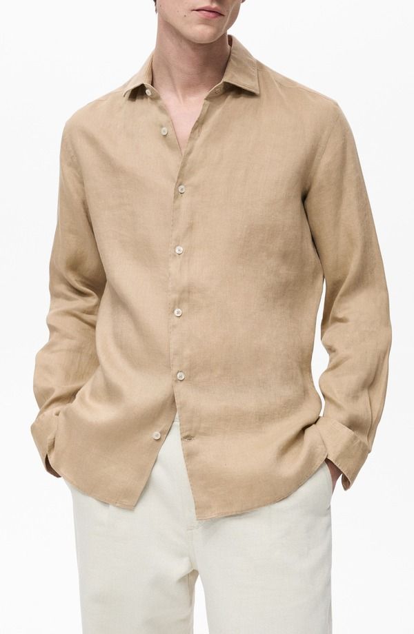 マンゴ メンズ トップス シャツ スリムフィット リネン MANGO Slim Fit Linen ButtonUp Shirt Beige ベージュ