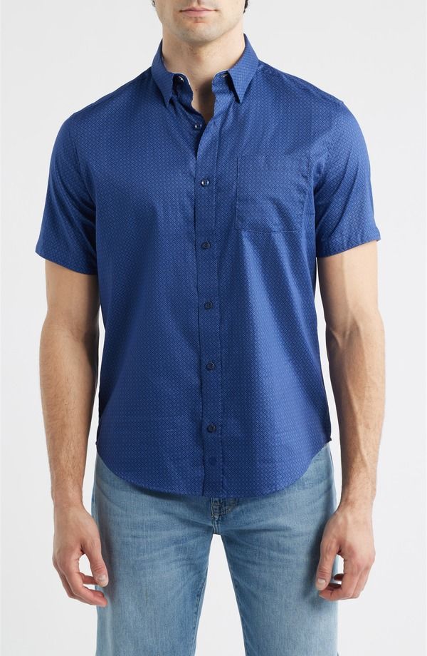 ジョンストンアンドマーフィー メンズ トップス シャツ プリント コットン Johnston Murphy Logan Microprint Short Sleeve Cotton Blend ButtonUp Shirt Navy Mini Circle ネ