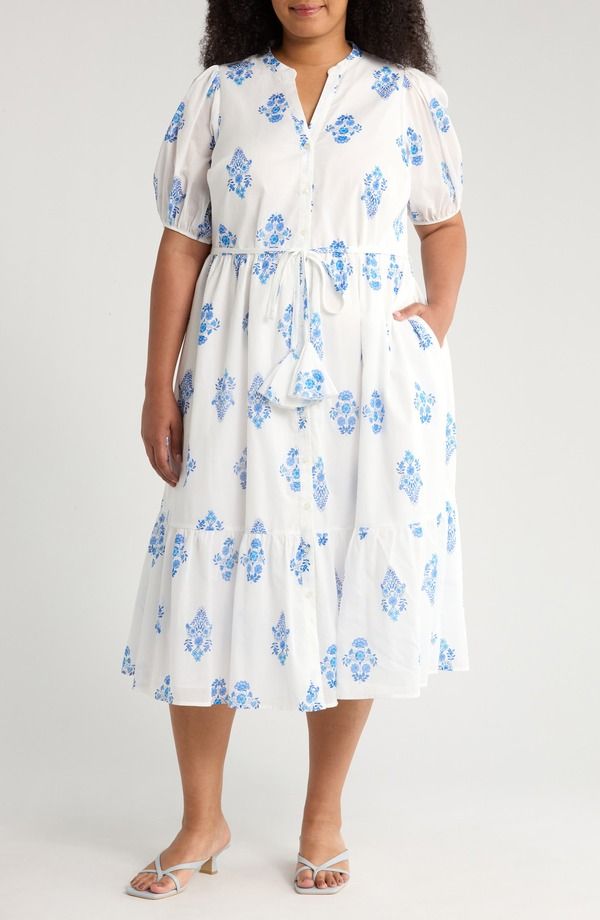 シュガーリップス レディース トップス ワンピース ティアード フラワー柄 ミディ コットン フラワー SUGARLIPS Yila Floral Beth Tiered Cotton Midi Dress White Blues ホワイト