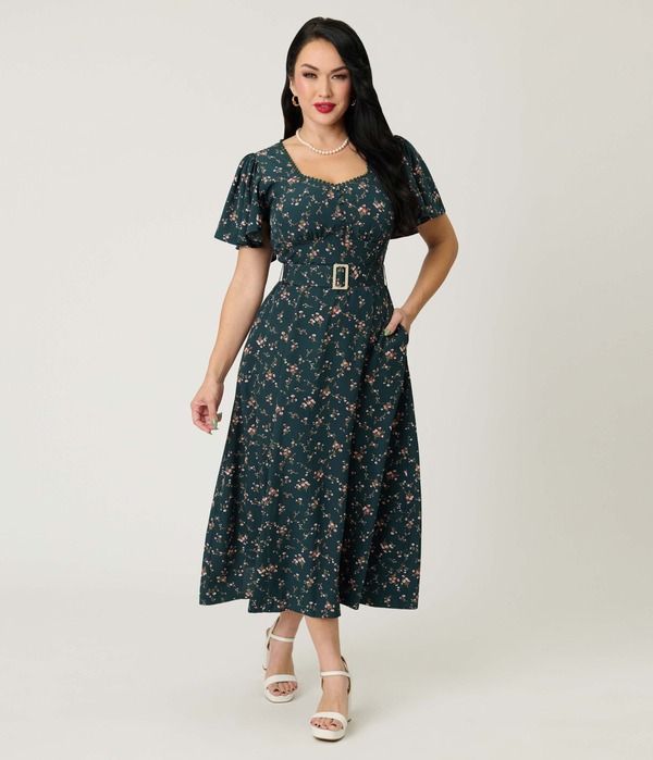 ユニークビンテージ レディース トップス ワンピース ミディ Unique Vintage Short Puff Sleeve Sweetheart Neck Godet Midi Dress Teal Floral Print ティール