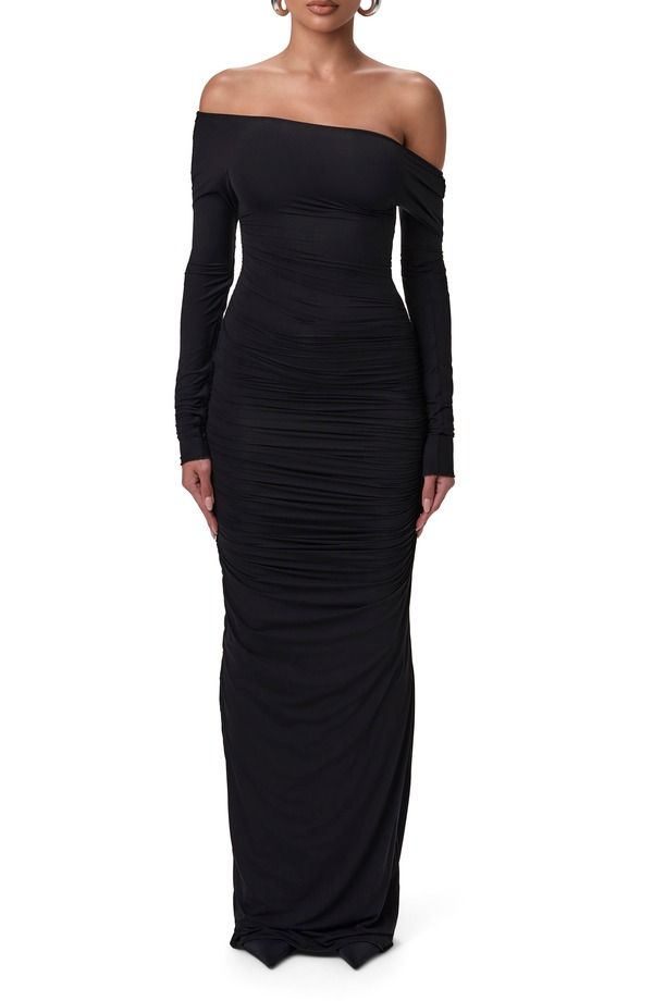ネイキッドワードローブ レディース トップス ワンピース ギャザー マキシ Naked Wardrobe Ruched Off the Shoulder Long Sleeve Maxi Dress Black ブラック