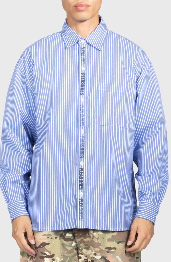 プレジャーズ メンズ トップス シャツ コットン ロゴ PLEASURES Impact Logo Stripe Cotton Blend ButtonUp Shirt Blue ブルー