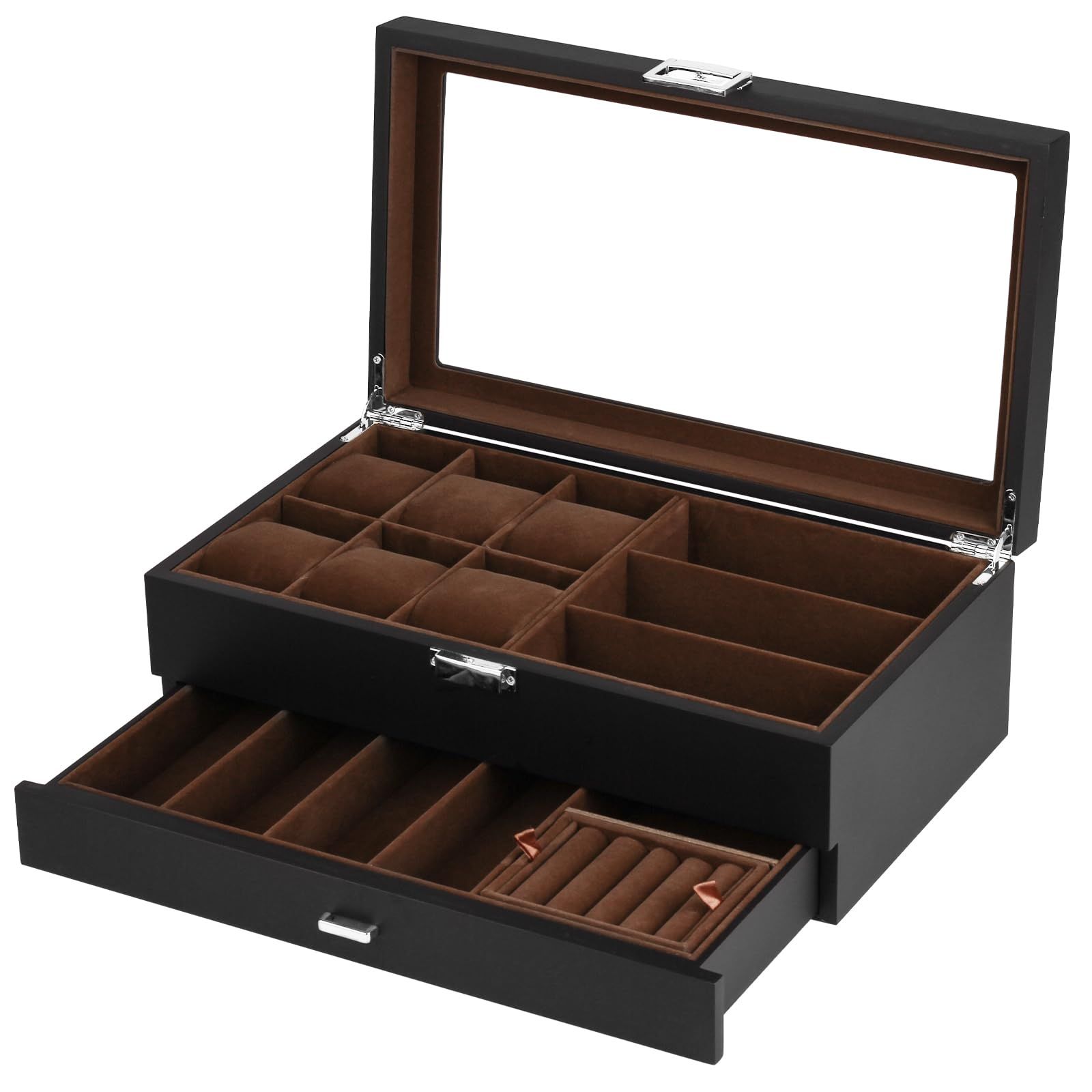 【新品】Baskiss 高級2層木製時計ケース 腕時計・眼鏡・ジュエリー収納ボックス 腕時計6本 サングラス7本 アクセサリー・指輪・ブレスレット収納可能 コレクションケース (腕時計6本・メガネ7本) e70f3663