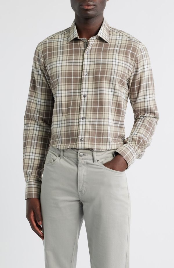 スコットバーバー メンズ トップス シャツ レギュラーフィット コットン Scott Barber Weekend Regular Fit Heathered Plaid Cotton ButtonUp Shirt Cocoa Heather ヘザー