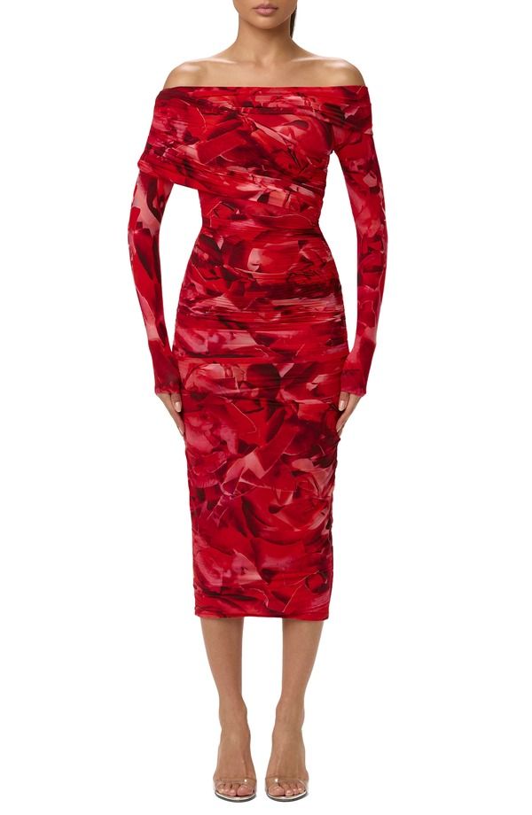 ネイキッドワードローブ レディース トップス ワンピース プリント ミディ Naked Wardrobe Bare Body Print Off the Shoulder Long Sleeve Midi Dress Rouge Rose