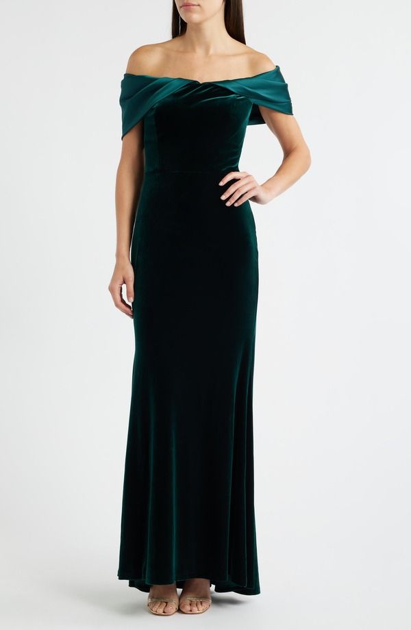 エリザジェイ レディース トップス ワンピース ベルベット サテン Eliza J Off the Shoulder Satin Velvet Mermaid Gown Hunter