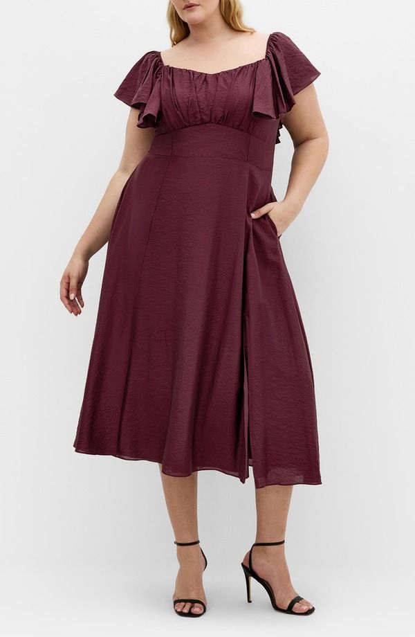 シティーシック レディース トップス ワンピース ミディ City Chic Alisa Flutter Sleeve Midi Dress Dark Cherry
