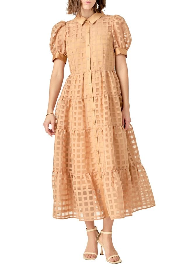 イングリッシュファクトリー レディース トップス ワンピース ティアード ミディ シャツ English Factory Grid Pattern Tiered Midi Shirtdress Camel キャメル
