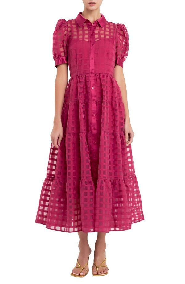 イングリッシュファクトリー レディース トップス ワンピース ティアード ミディ シャツ English Factory Grid Pattern Tiered Midi Shirtdress Bordeaux