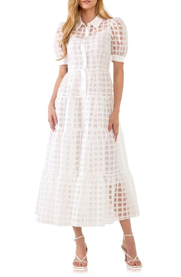 イングリッシュファクトリー レディース トップス ワンピース ティアード ミディ シャツ English Factory Grid Pattern Tiered Midi Shirtdress White ホワイト