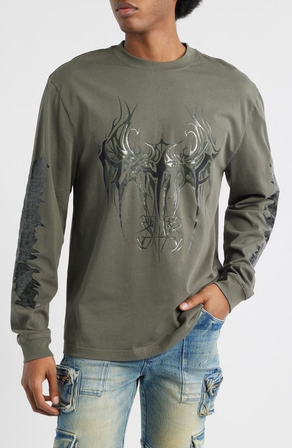 アールティーエー メンズ トップス Tシャツ グラフィック RtA Lawrence Cyber Sigilism Long Sleeve Graphic TShirt Olive Cyber Sigilism オリーブ