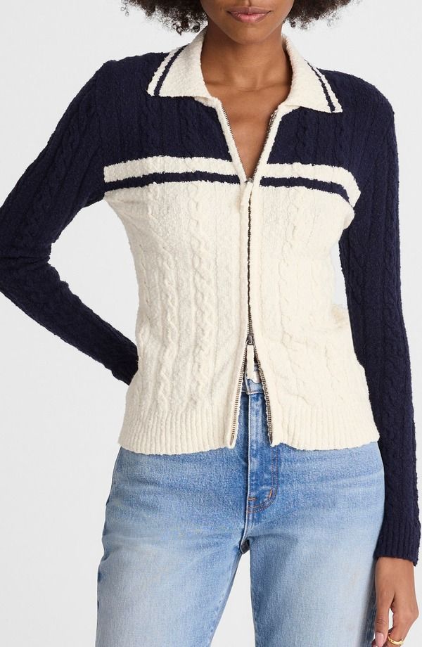 メイドウェル レディース アウター パーカー・スウェット カラーブロック カーディガン ニット Madewell Colorblock Cable Knit Zip Cardiganavy And Ivory Colorblock アイボリー