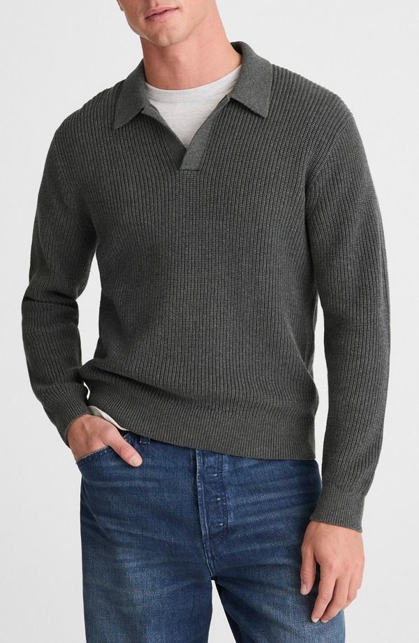 メイドウェル メンズ アウター パーカー・スウェット ポロシャツ セーター コットン Madewell Shaker Stitch Cotton Sweater Polo Heather Charcoal チャコール