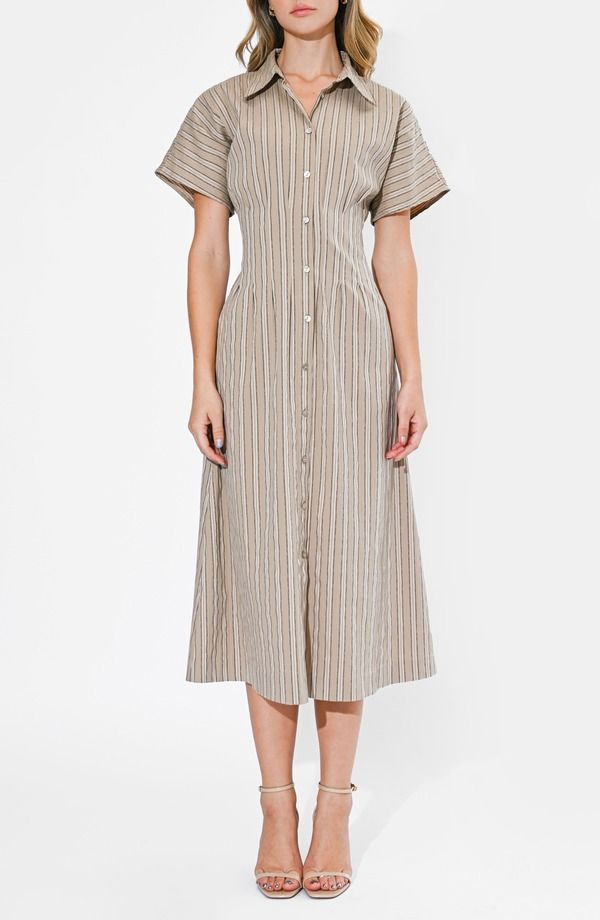 アドレイン ラエ レディース トップス ワンピース シャツ コットン Adelyn Rae Audrey Stripe Cotton Blend Shirtdress Mocha モカ