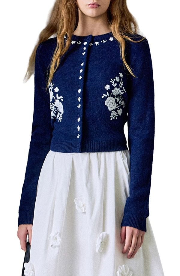イングリッシュファクトリー レディース アウター パーカー・スウェット フラワー柄 カーディガン 刺繍 フラワー English Factory Floral Embroidered Cardiganavy White ホワイト