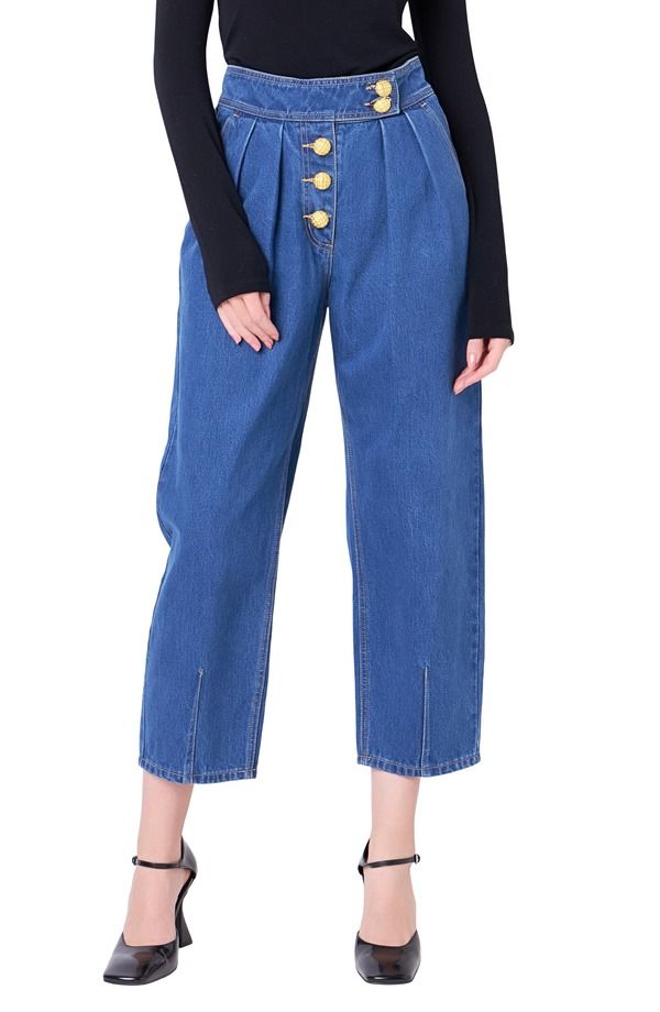 イングリッシュファクトリー レディース ボトムス カジュアルパンツ ワイドレッグ プリーツ デニム English Factory Premium Pleated Crop Wide Leg Denim Trousers Dark Denim デニム