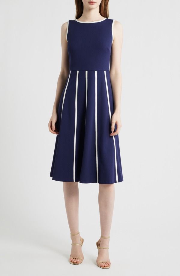 アンクライン レディース トップス ワンピース クレープ ノースリーブ Anne Klein Sleeveless Cool Crepe Fit Flare Dress Deep Navy White Dove ホワイト