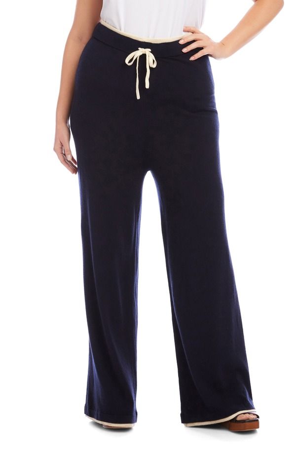 カレンケーン レディース ボトムス レギンス ワイドレッグ パンツ コントラスト Karen Kane Contrastrim Wide Leg Drawstring Pants Navy Cream クリーム