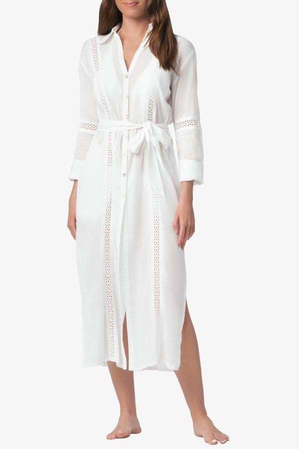 ヘレン ジョン レディース トップス ワンピース シャツ HELEN JON Eyeletrim Long Shirt Dress White ホワイト