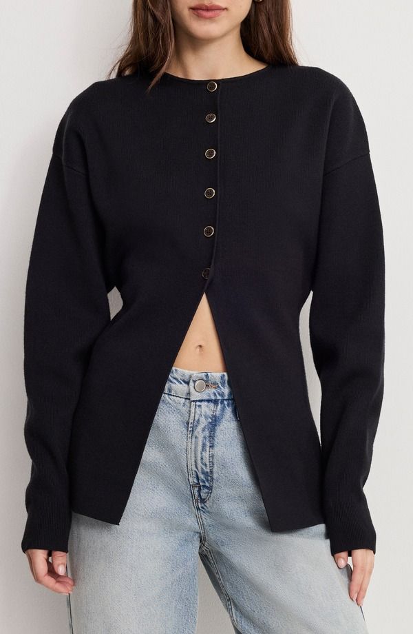 グッドアメリカン レディース アウター パーカー・スウェット セーター Good American Split Front Button Up Sweater Black001