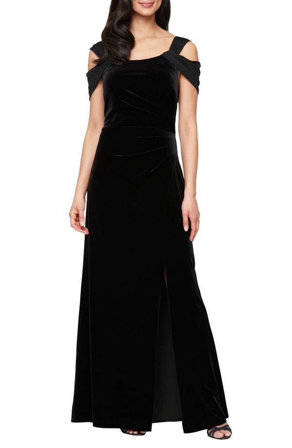 アレックスイブニングス レディース トップス ワンピース ベルベット Alex Evenings Cold Shoulder Velvet Gown Black ブラック