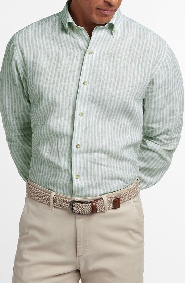デイビッドドナヒュー メンズ トップス シャツ リネン Davidonahue Linen Stripe Sport Shirt Sage セージ